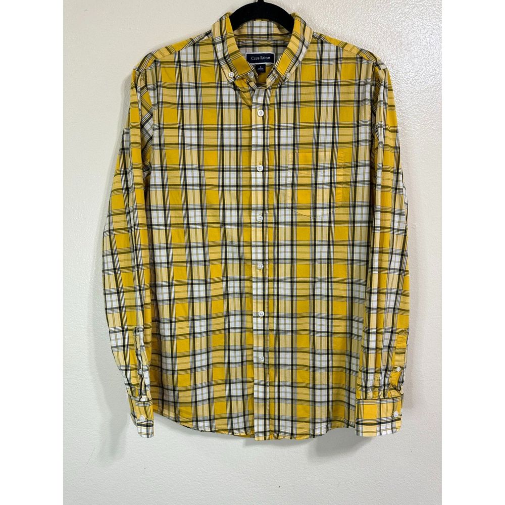 Club Room Men's Casual Yellow Plaid Long Sleeve Button Up Shirt, Size S
